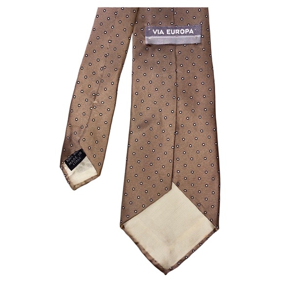 Via Europa Vintage 100% Silk Tie Tan with Black and White Polka Pattern - Picture 4 of 4